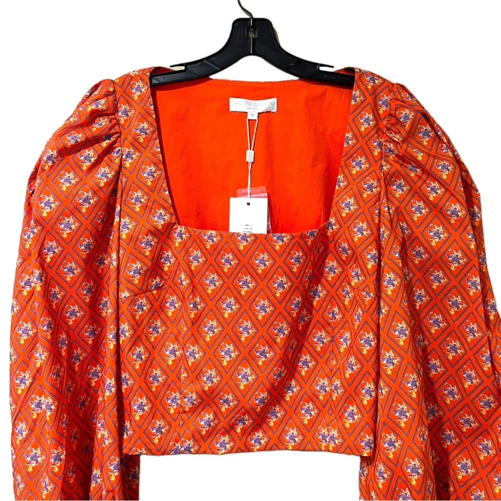 Caroline Constas Elliot Floral Balloon Sleeve Crop Top in Red Diamond Toile (M) - Picture 5 of 11